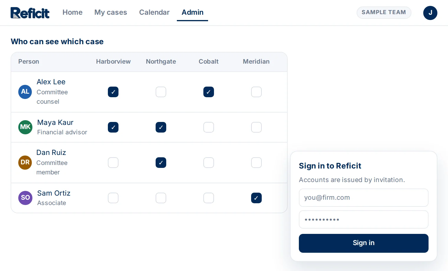 A sample access grid showing which people can see which case, beside the sign-in form